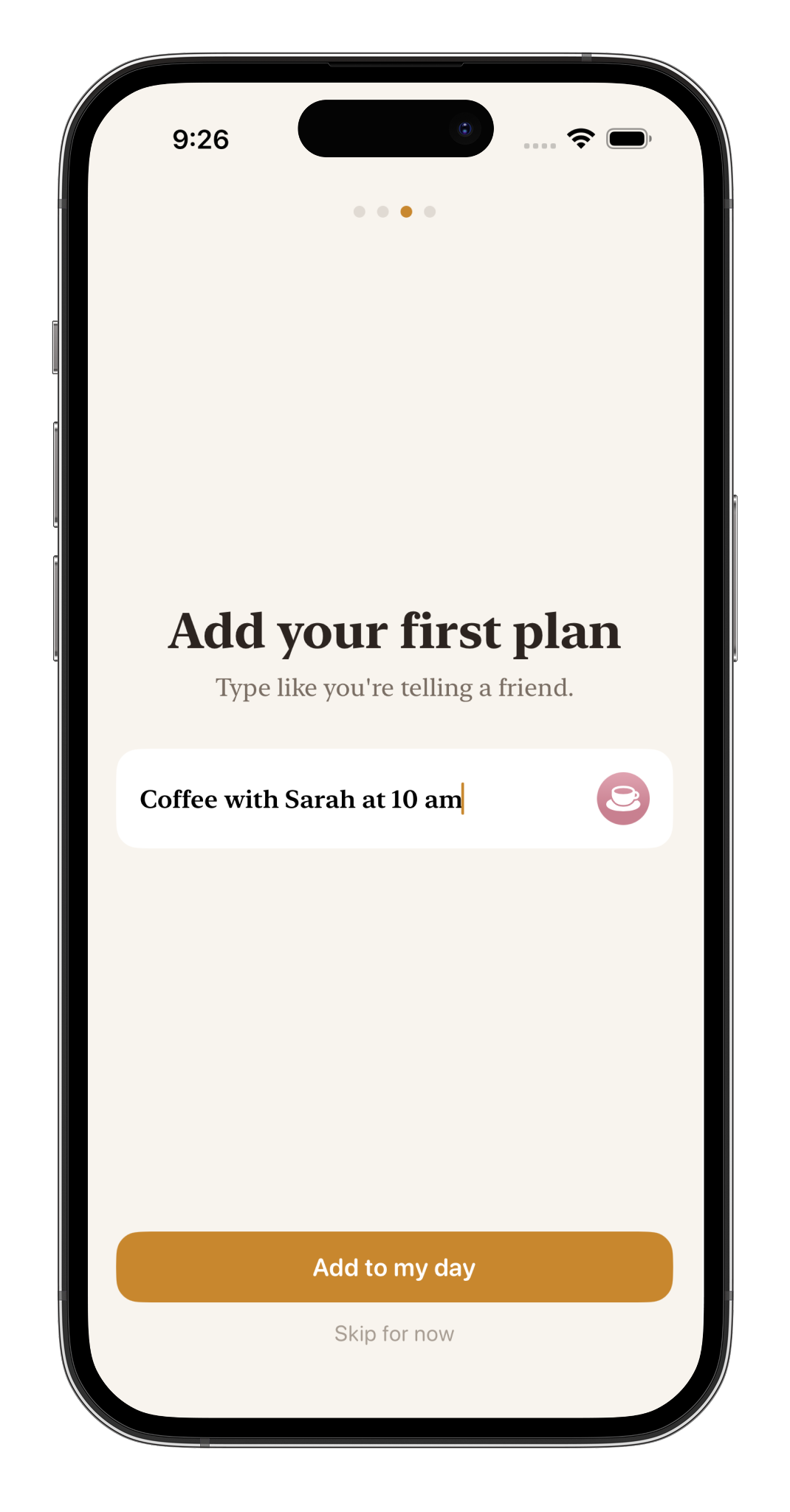 Adding Coffee with Sarah at 10 am using natural language in Prism