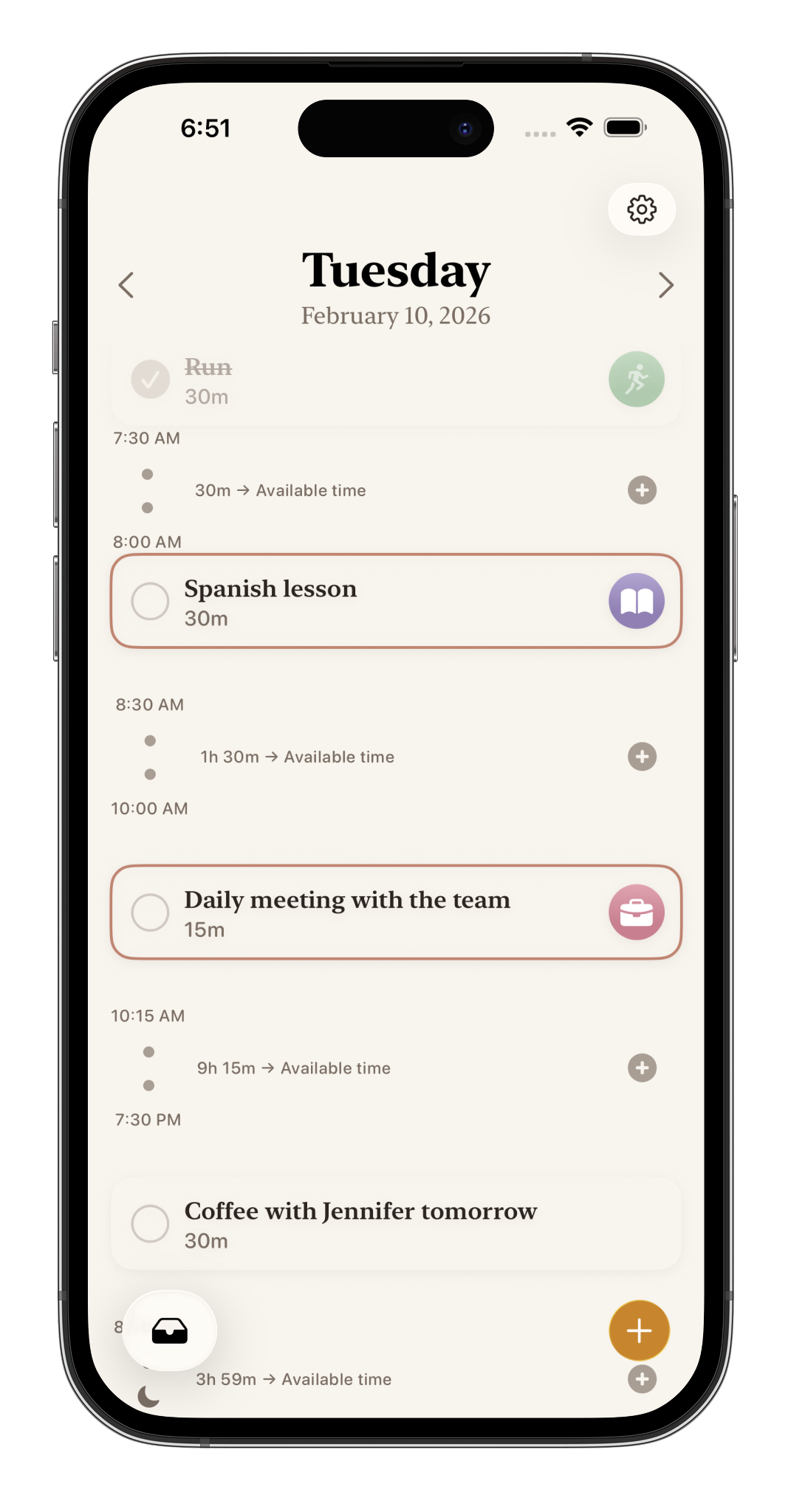 Prism’s day timeline, showing a morning run, Spanish lesson, a meeting and the available time between them